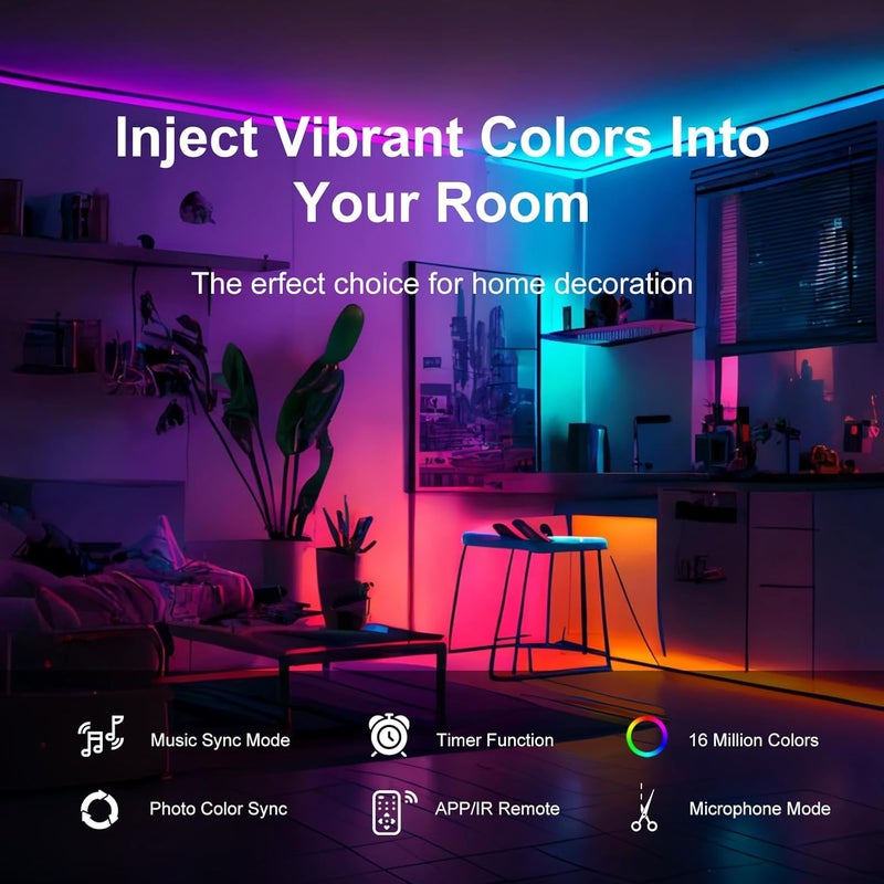 FBY 50 FT Led Lights for Bedroom,Lntelligent Application Remote Control Color Change LED Strip Lights, Music Synchronization Bluetooth RGB Lights, Used for Room, Home, Party Decoration - Image 2